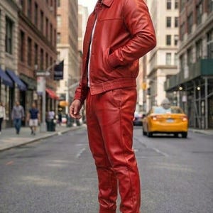 Men's Real Leather Tracksuit: Handmade Jogging Gym Wear. Red