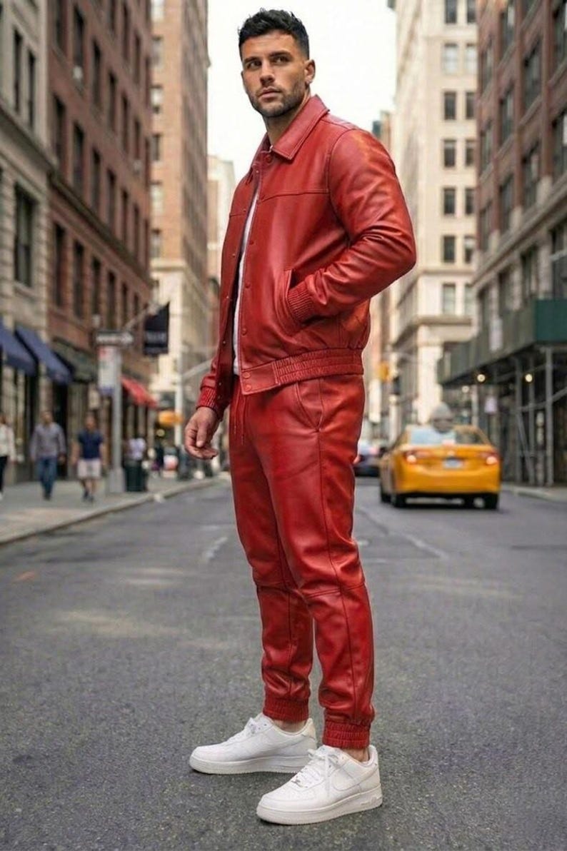Men's Real Leather Tracksuit: Handmade Jogging Gym Wear. Red