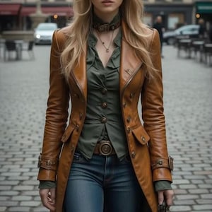 Könnte beinhalten: Ein brauner Ledermantel mit Knopfleiste, kombiniert mit einem grünen Hemd und blauen Jeans. Der Mantel hat eine taillierte Passform, Taschen und einen Gürtel. Das Outfit wird durch eine Halskette ergänzt.