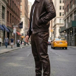 Men's Real Leather Tracksuit: Handmade Jogging Gym Wear. Dark Brown
