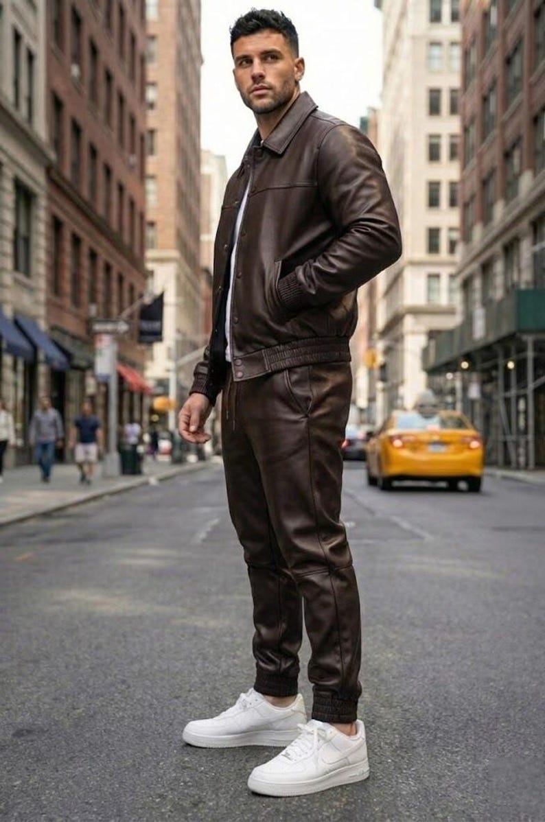 Men's Real Leather Tracksuit: Handmade Jogging Gym Wear. Dark Brown