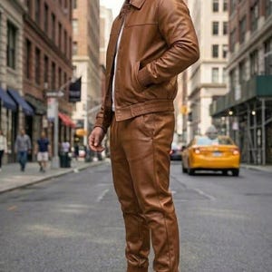 Men's Real Leather Tracksuit: Handmade Jogging Gym Wear. Light Brown