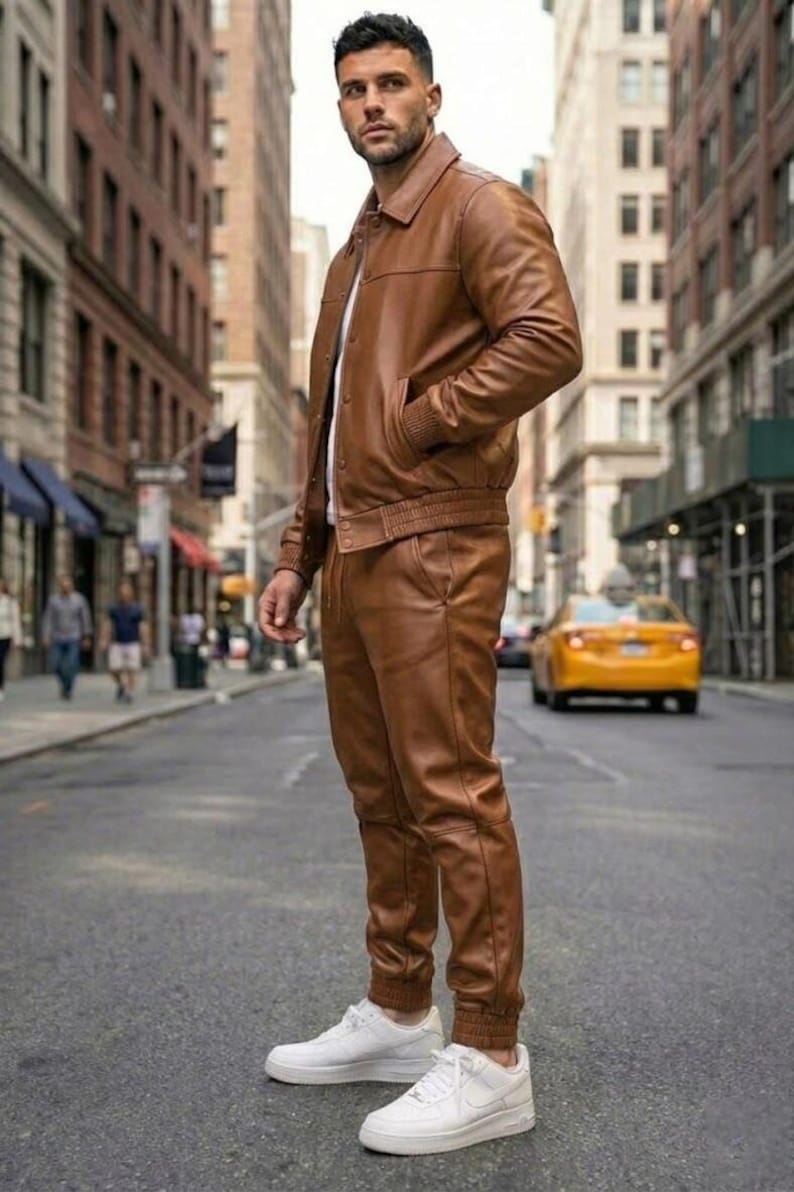 Men's Real Leather Tracksuit: Handmade Jogging Gym Wear. Light Brown