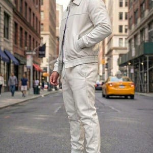 Men's Real Leather Tracksuit: Handmade Jogging Gym Wear. White