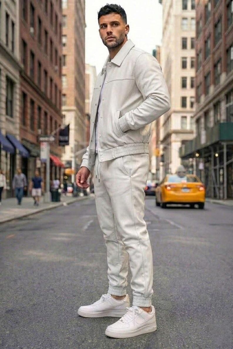 Men's Real Leather Tracksuit: Handmade Jogging Gym Wear. White
