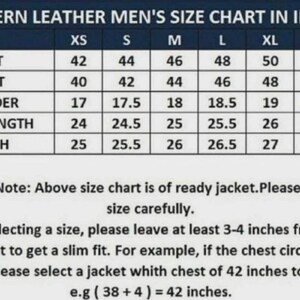 May include: Size chart for western leather jackets, displaying chest, waist, shoulder, sleeve length, and length measurements in inches. Includes sizes XS to XXXL. Important note about selecting the correct size for a slim fit.