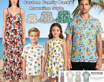 Conjunto personalizado para a família com tema havaiano da Copa do Mundo - Foto personalizada e estampa de bola esportiva combinando, camisa da Copa do Mundo de 2026