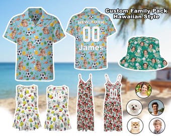 Conjuntos familiares hawaianos de fútbol con caras personalizadas: foto personalizada y diseño de balón deportivo a juego, camiseta del Mundial 2026.