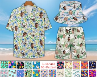 Custom Photo Printed Hawaiian  Shirt Shorts Hat Set| Unique Custom Tropical Beach Outfits| Design For Holiday Vacation Family Couple Wear