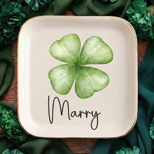 Lucky Shamrock Ring Dish : 4 Leaf Clover Jewelry Holder, Irish Ceramic Trinket Plate