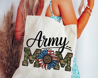Army Mom Tote Bag, Military Mom Gift Bag, Patriotic Canvas Tote, Camo Mom Bag, Reusable Grocery Bag, Gift for Army Family
