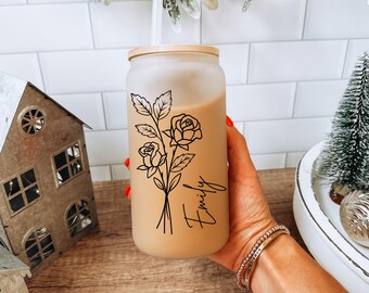 June Birth Flower Glass Cup with Name, Rose Personalized Glass, Birthday Gift for Her,Custom Iced Coffee Glass,Floral Name Cup,Birthday Gift