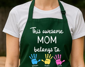 Personalized Mom Apron with Kids Handprints, This Awesome Mom Belongs To Apron, Custom Mom Gift, Mother's Day Gift, Kitchen Cooking Apron