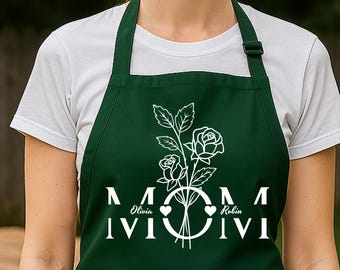 June Birth Flower Apron, Rose Floral Kitchen Apron, Birth Month Flower Cooking Apron, Personalized Mom Apron, June Birthday Gift for Mom