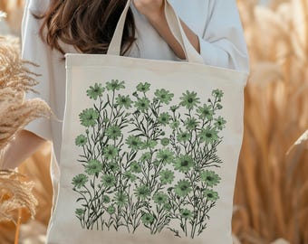 Daisy Flower Bag , Wildflowers Bag, Cottagecore Floral Canvas Bag, Botanical Bag, Nature Aesthetic Bag, April Birth Flower Gift