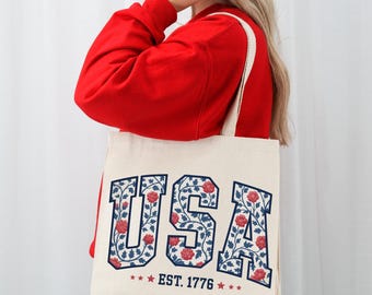 USA Floral Tote Bag, Patriotic Flower Canvas Bag, American Flag Aesthetic Tote, 4th of July Bag, USA EST 1776 Gift, Independence Day Tote