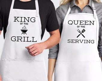 King of the Grill Apron, Queen of the Serving Apron, Funny BBQ Couple Apron Set, Husband Wife Cooking Apron, Grill Master Gift