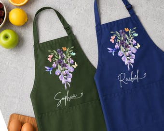 Personalized July Birth Flower Apron, Water Lily Floral Kitchen Apron with Custom Name, July Birthday Gift for Her, Cottagecore Floral Apron