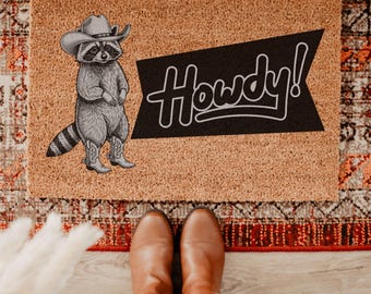 Howdy Racoon Cowboy Funny Doormat, Funny Coir Door Mat, Western Decor Funny Coir Doormat, Welcome Mat, New Home Gift for Home, Wedding Gift