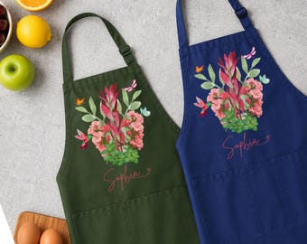 Custom Birth Flower Apron for Women, August Gladiolus Kitchen Apron with Name, Gladiolus and Butterfly Apron, Floral Birthday Gift