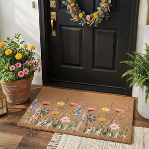 Wildflower Pattern Doormat, Boho Floral Welcome Mat, Spring Blossom Home Decor, Colorful Flowers Front Porch Coir Mat, Charming Entrance Rug