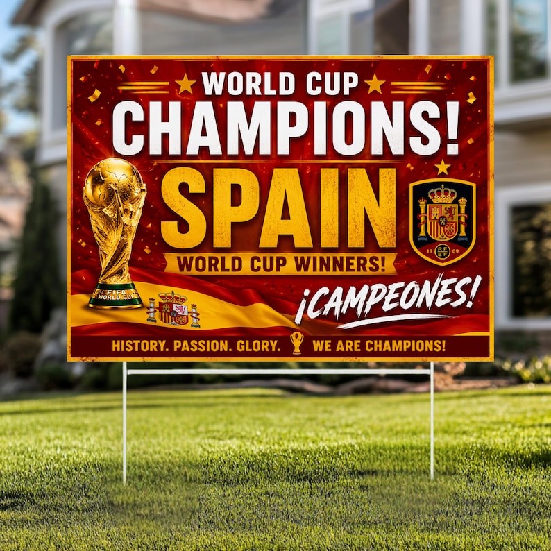A vibrant red and gold yard sign placed on a green lawn in front of a house, celebrating Spain as the World Cup Champions. The sign features the FIFA World Cup trophy, the Spanish national football crest, and the bold text "SPAIN WORLD CUP WINNERS!" and "¡CAMPEONES!".