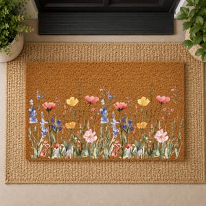 Wildflower Pattern Doormat, Boho Floral Welcome Mat, Spring Blossom Home Decor, Colorful Flowers Front Porch Coir Mat, Charming Entrance Rug