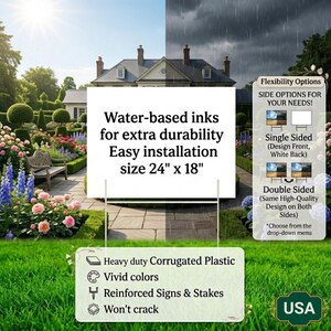 Product features and specifications infographic chart for a 24x18 inch yard sign showing printing options and material durability details.