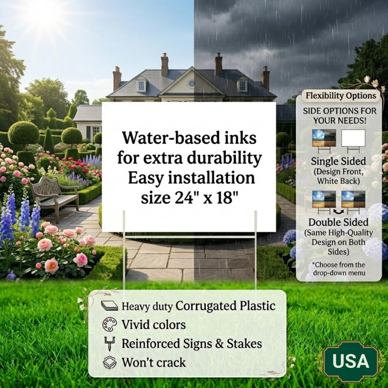 Product features and specifications infographic chart for a 24x18 inch yard sign showing printing options and material durability details.