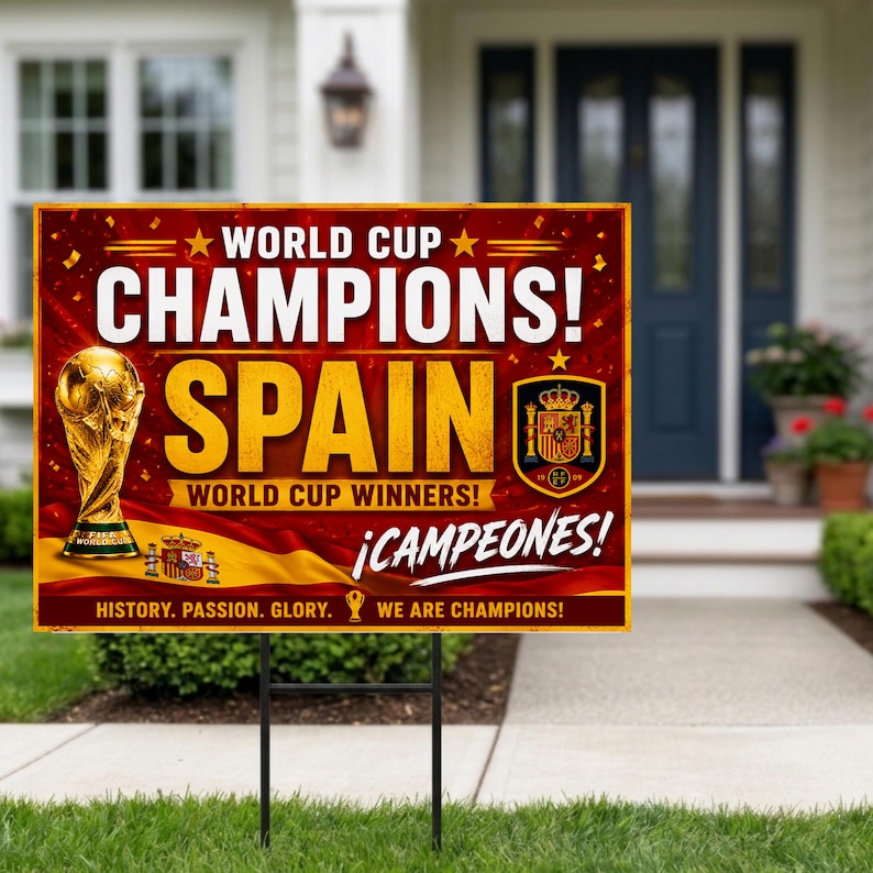 Commemorative Spain football champions outdoor poster for garden display. Graphic design highlights the team's victory colors (red, yellow, gold) with confetti details, perfect for Spanish football fans.