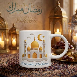 Mug Ramadan Moubarak, tasse à café islamique, cadeau de l'Aïd al Fitr, décoration d'intérieur musulmane, tasse en céramique mosquée et croissant de lune