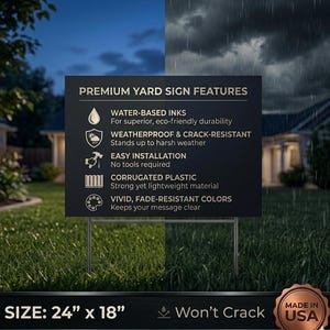 Features chart for a white premium yard sign highlighting weatherproof corrugated plastic material and Made in USA quality.