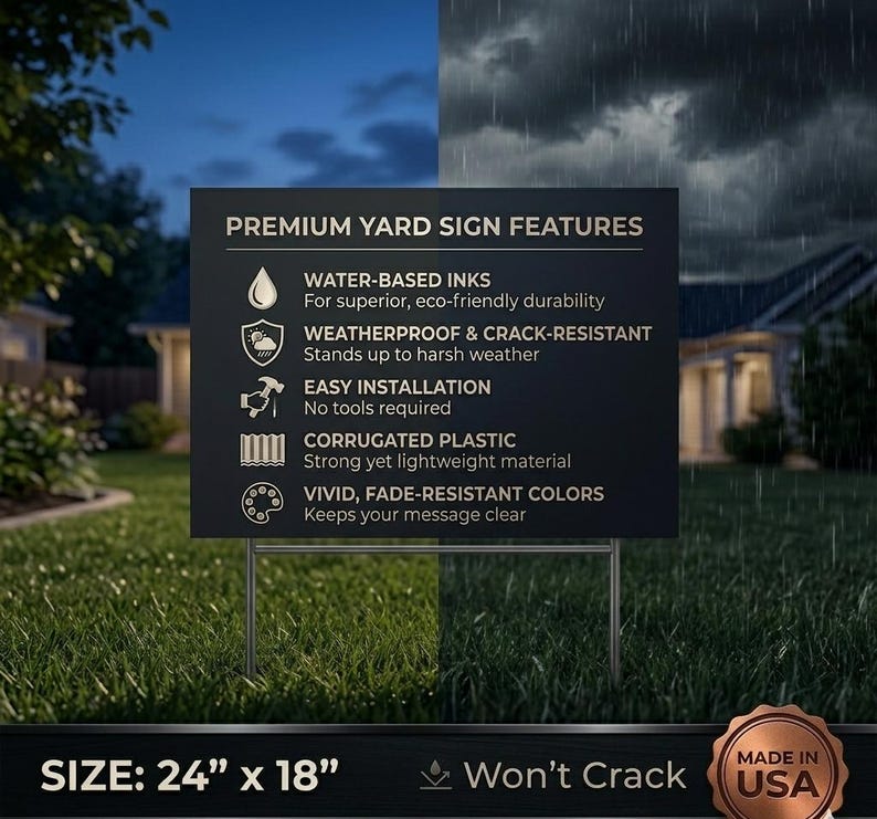 Features chart for a white premium yard sign highlighting weatherproof corrugated plastic material and Made in USA quality.