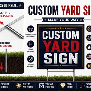 Product features chart for a garden stake including a metal H-stake and Made in USA quality badge.