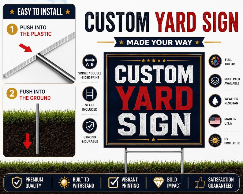 Product features chart for a garden stake including a metal H-stake and Made in USA quality badge.