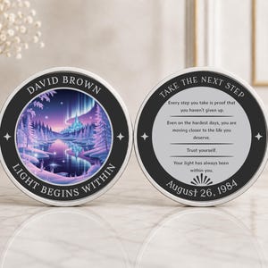 Personalized Sobriety Coin Any Year, Custom AA Recovery Chip, Northern Lights Sober Anniversary Token, Sobriety Birthday Gift