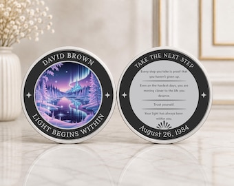Personalized Sobriety Coin Any Year, Custom AA Recovery Chip, Northern Lights Sober Anniversary Token, Sobriety Birthday Gift