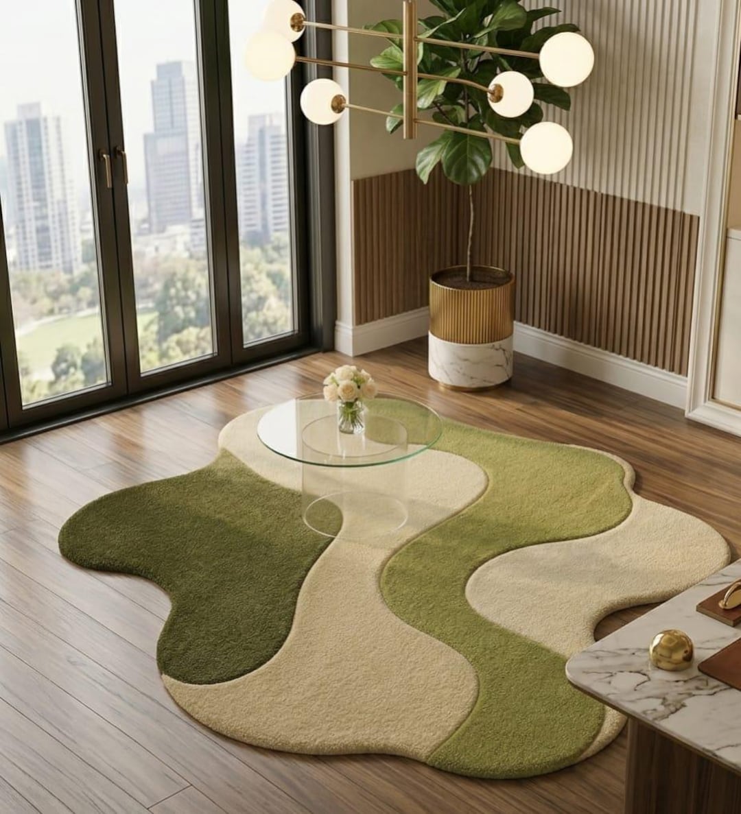 Modern Abstract Hand Tufted Rug, Irregular Green Cream Area Rug ...