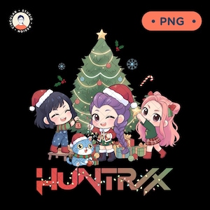 May include: A festive PNG graphic featuring three cartoon characters and a cat, all wearing Santa hats and decorating a Christmas tree. The image includes the text "HUNTRIXX" in a stylized font, with a black background.
