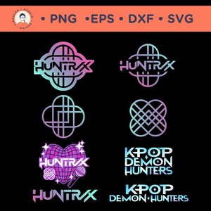 Peut inclure: Sur fond noir, plusieurs logos et textes colorés. Les logos incluent le mot "HUNTRAX" dans une police stylisée, ainsi que d'autres formes géométriques. Le texte "KPOP DEMON HUNTERS" est également présent, avec des indications de type de fichier.