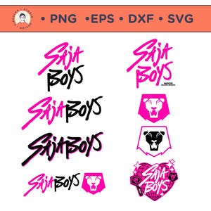 Peut inclure: Plusieurs graphiques vectoriels avec le texte "SAJA BOYS" dans différents styles, en rose et noir. Les motifs incluent des logos de tête de lion et un graphique en forme de cœur. L'image comprend également des informations sur les types de fichiers : PNG, EPS, DXF et SVG.