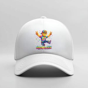 May include: White baseball cap featuring a colorful graphic of a cartoon character with arms raised in a peace sign. The character is wearing a tie-dye shirt and a hat. The word "ROBLOX" is printed below the character in rainbow colors.