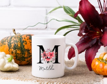 Custom Birth Flower Coffee Mug, Personalized June Birthflower Cup, Monogram Initial Name, Rose Birthday Mugs, Birth Month Gift, Mothers Day