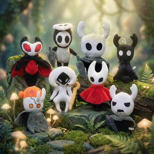 May include: A collection of plush toys featuring various characters from the video game Hollow Knight. The plushies are in different colors, including white, black, red, and orange, and are set against a backdrop of greenery and mushrooms.