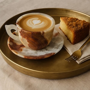 Può includere: Un set di tazza e piattino da caffè con un design marmorizzato marrone e bianco, riempito con un latte con un design a forma di cuore. Una fetta di torta e una forchetta dorata poggiano su un vassoio dorato.