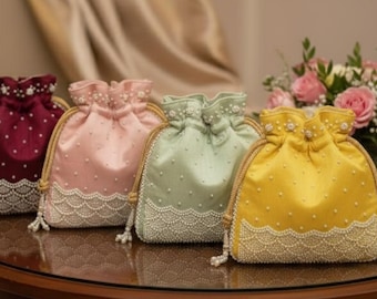 Heavy Luxury Peral Work Designer Potli Bag, Gift For New Bride, Party Wear Potli Bag, Hand Bag, Bridesmaid Favor, Indian Wedding Gift