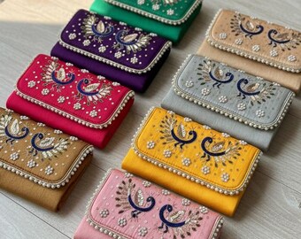 Zari Embroidered Peacock Style Clutch bag, Mobile Pouch Sling bag, Gift For Guest, Haldi Mehendi Gift, party Wear Favor  Items