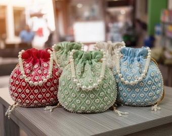 Heavy Pearl Beaded Work Designer Potli Bag, Indian Wedding Gift, Gift For Bride