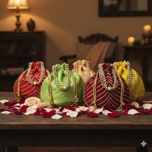 Gota Work Lahriya potli Väska Indian Wedding Favor, haldi Mehendi Sangeet Presentpåse, present till henne, brudtärnafavor, Lohri favor