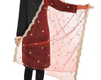 Dupatta con espejo rojo de red, dupatta de dama de honor, bufanda de boda